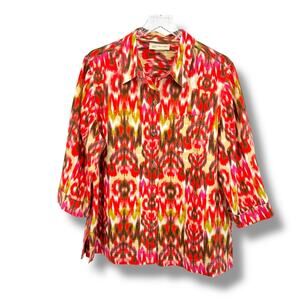 Jones New York Sport linen blouse XL ikat button down elbow tab sleeve tunic top